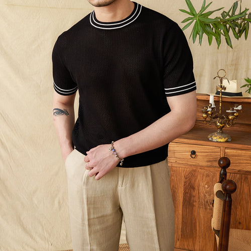 Men Round Neck Casual Short-Sleeved Knitted Breathable T-Shirt Casual